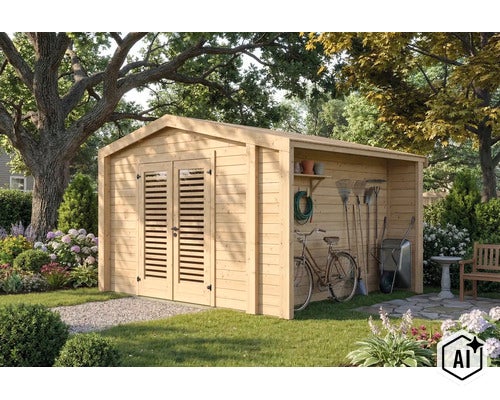 Abri de jardin en bois avec double porte et auvent latéral pour le rangement de vélos et d outils de jardin dans un jardin. (Image AI modified or generated)