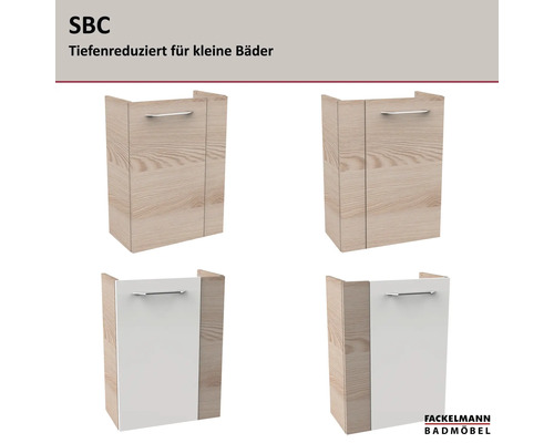 Fackelmann Waschbeckenunterschrank SBC, tiefenreduziert für kleine Bäder, in Holzoptik und Weiß, wandhängend. Fackelmann Badmöbel Logo.