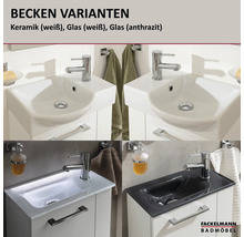 Verschiedene Waschbecken-Varianten aus Keramik und Glas für Badmöbel, inklusive Armaturen und Unterschränken. Fackelmann Logo.