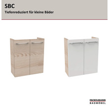 Fackelmann SBC Waschbeckenunterschrank in zwei Varianten, tiefenreduziert für kleine Bäder, Holzoptik und Weiss, Fackelmann Badmöbel Logo.