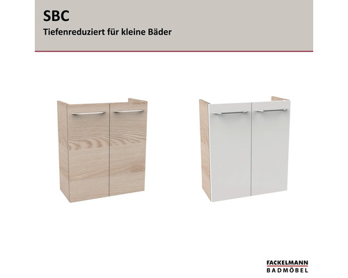 Fackelmann SBC Waschbeckenunterschrank in zwei Varianten, tiefenreduziert für kleine Bäder, Holzoptik und Weiss, Fackelmann Badmöbel Logo.