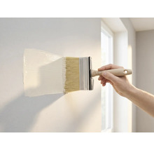 Une main applique de la peinture murale blanche sur un mur avec une brosse large.