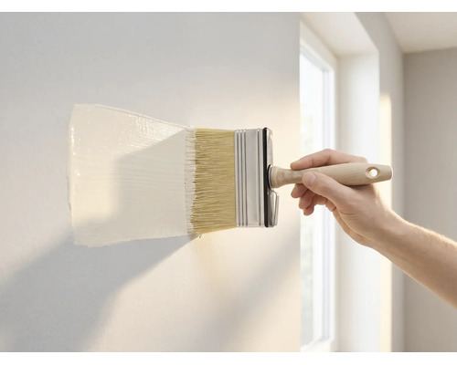 Une main applique de la peinture murale blanche sur un mur avec une brosse large.