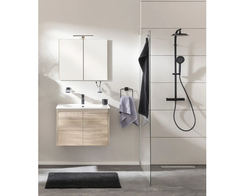 Salle de bains moderne et lumineuse avec meuble sous-lavabo aspect bois, armoire de toilette et système de douche noir.