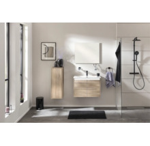 Salle de bains moderne et lumineuse avec meuble sous lavabo, armoire haute aspect bois et colonne de douche noire derrière une paroi vitrée.