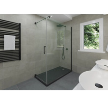 Modernes Badezimmer mit Glasduschkabine, schwarzer Duschwanne, grau gefliesten Wänden, schwarzem Handtuchheizkörper und weißen Waschbecken.