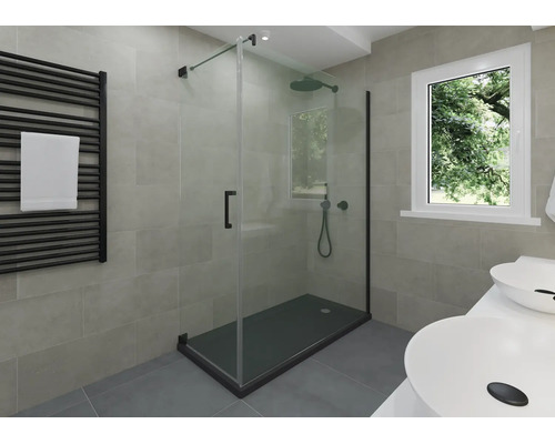 Modernes Badezimmer mit Glasduschkabine, schwarzer Duschwanne, grau gefliesten Wänden, schwarzem Handtuchheizkörper und weißen Waschbecken.