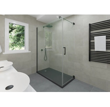 Modernes Bad mit begehbarer Glasdusche, schwarzen Profilen und Duschwanne. Schwarzer Handtuchheizkörper, weisse Aufsatzwaschbecken und graue Fliesen.