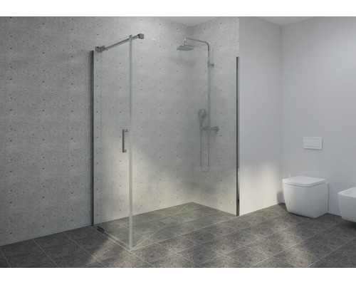 Modernes Badezimmer mit Glas-Duschkabine, verchromten Armaturen, grauen Fliesen in Steinoptik, Wand-Toilette und Bidet.