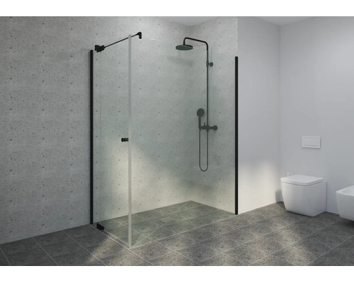 Salle de bains moderne avec douche italienne, parois en verre, robinetterie noire, carrelage gris clair, sol gris foncé et WC suspendu blanc.