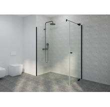 Salle de bains moderne avec douche à l'italienne en verre, profilés et robinetterie noirs, carrelage gris et WC suspendu.