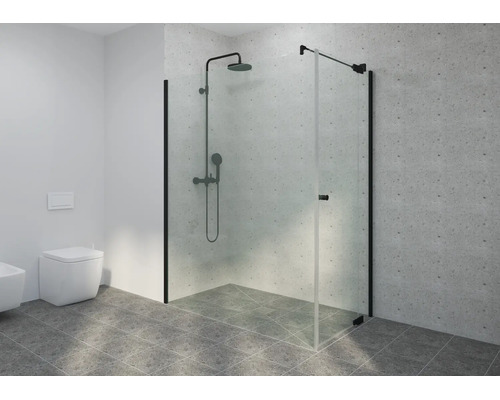 Salle de bains moderne avec douche à l'italienne en verre, profilés et robinetterie noirs, carrelage gris et WC suspendu.