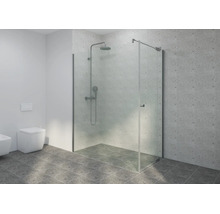 Salle de bains moderne avec douche à l'italienne en verre, système de douche chromé, carrelage gris aspect terrazzo et WC suspendu.