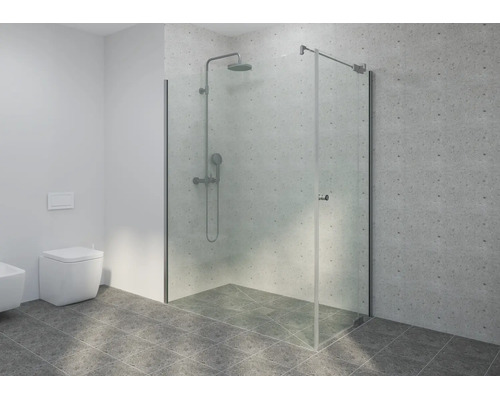 Salle de bains moderne avec douche à l'italienne en verre, système de douche chromé, carrelage gris aspect terrazzo et WC suspendu.