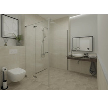 Modernes helles Badezimmer mit Glasdusche, wandhängender Toilette und Aufsatzwaschbecken auf einer dunklen Konsole unter einem Spiegel.