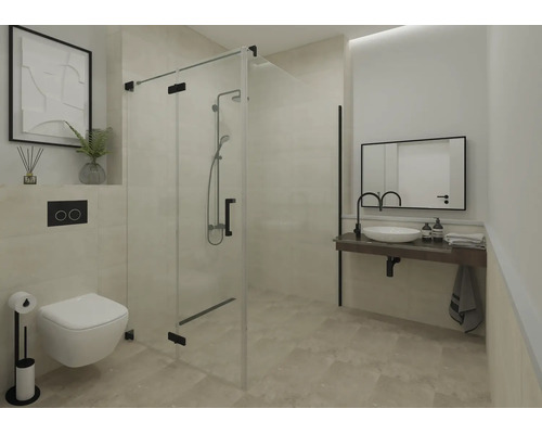 Modernes Badezimmer mit Glasduschkabine, schwarzen Beschlägen, wandhängendem WC und Waschtisch mit Aufsatzbecken und schwarzer Armatur.