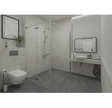 Salle de bain moderne avec cabine de douche en verre, WC suspendu, lavabo avec miroir et carrelage de sol foncé.