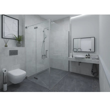 Salle de bains moderne et lumineuse avec douche à l'italienne en verre, toilettes suspendues, vasque à poser et miroir.
