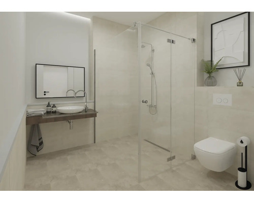 Modernes helles Badezimmer mit Glas-Duschkabine, wandhängendem WC, Aufsatzwaschbecken und großem Wandspiegel.