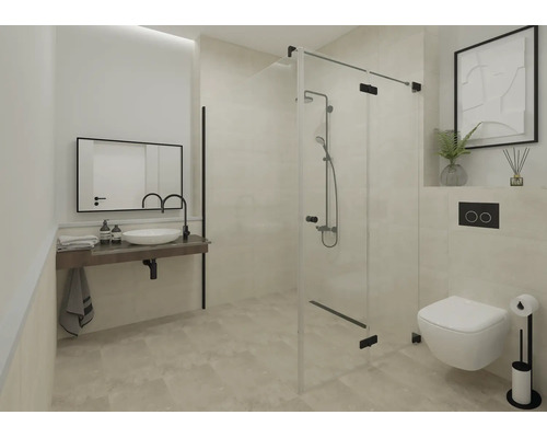 Modernes helles Badezimmer mit bodengleicher Glasdusche, weißem Aufsatzwaschbecken auf dunkler Platte, Wandtoilette und schwarzen Armaturen.