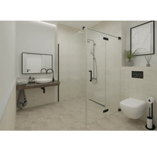 Salle de bain moderne avec cabine de douche en verre, robinetterie noire, WC suspendu blanc et vasque à poser sur un plan de travail sombre.