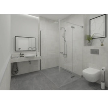 Modernes, helles Badezimmer mit gläserner Walk-In-Dusche, Hänge-WC, Waschtisch mit Aufsatzbecken und rechteckigem Spiegel.