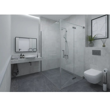 Modernes Badezimmer mit Glas-Duschkabine, wandhängendem Waschtisch mit Aufsatzbecken, Spiegel und Hänge-WC. Graue Fliesen an Wand und Boden.