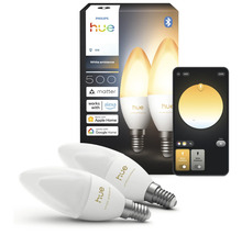 Deux ampoules LED Philips Hue White Ambiance E14 bougie avec emballage, Philips Hue Logo et application mobile. 500 lumens. Matter et Bluetooth.