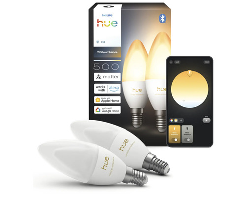 Deux ampoules LED Philips Hue White Ambiance E14 bougie avec emballage, Philips Hue Logo et application mobile. 500 lumens. Matter et Bluetooth.