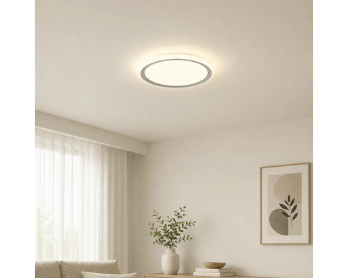 Plafonnier LED rond dans un salon lumineux au design moderne et minimaliste.
