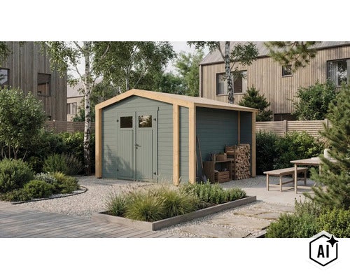 Abri de jardin en bois avec double porte et bûcher attenant dans un jardin bien entretenu. (Image AI modified or generated)