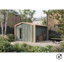 Abri de jardin moderne en bois avec auvent intégré dans un jardin bien entretenu, offrant un espace de rangement et un auvent ouvert. (Image AI modified or generated)