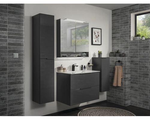 Ensemble de meubles de salle de bains moderne et organisé en anthracite, avec sous-vasque, armoire de toilette éclairée et colonne.