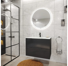 Salle de bains moderne avec meuble sous-vasque sombre, miroir LED rond et douche à l'italienne avec cadre noir.