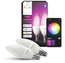 Ampoules LED Philips Hue White and Color Ambiance E14, lot de 2, avec emballage et application smartphone pour contrôle des couleurs.