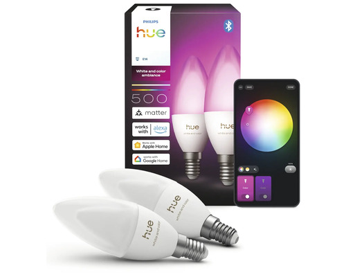 Ampoules LED Philips Hue White and Color Ambiance E14, lot de 2, avec emballage et application smartphone pour contrôle des couleurs.