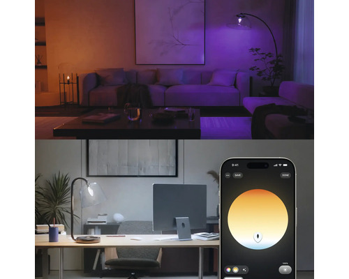 Contrôle intelligent de l éclairage via application pour salon et bureau, différentes couleurs et températures de lumière réglables.
