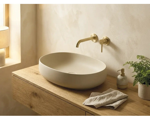 Modernes Badezimmer mit ovaler Aufsatzwaschschale auf einem hellen Holzwaschtisch und einer Armatur aus Messing zur Wandmontage.