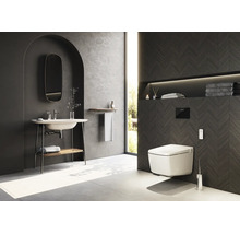 Salle de bain moderne avec WC suspendu, carrelage à chevrons foncés, lavabo sur pied avec miroir et carrelage de sol clair.