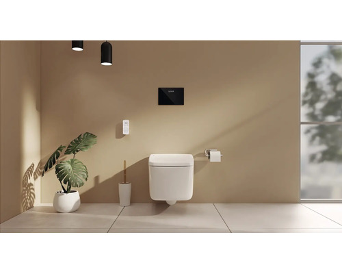 Salle de bains moderne avec WC suspendu, plaque de déclenchement, télécommande, brosse de toilette et plante Monstera.