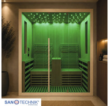 Sanotechnik Infrarotkabine mit zwei Sitzplätzen, Glasfront und grüner LED-Beleuchtung mit Sternenhimmel-Effekt. Sanotechnik Logo.