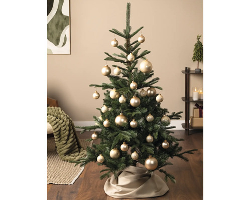Weihnachtsbaum dekoriert mit verschieden grossen, glänzenden Kugeln in einem hellen Wohnraum mit Holzfussboden.