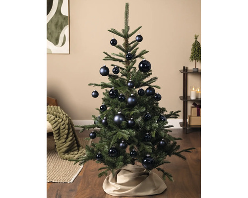 Weihnachtsbaum dekoriert mit matten und glänzenden schwarzen Christbaumkugeln in einem modern eingerichteten Wohnzimmer.