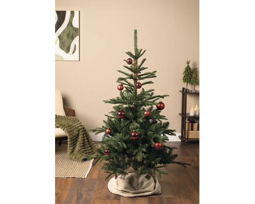 Grüner Weihnachtsbaum geschmückt mit roten Kugeln in einem gemütlichen Wohnzimmer mit Sessel, Regal und Weihnachtsdekoration.