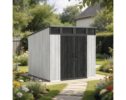 Abri de jardin moderne avec toit en appentis et double porte, situé dans un jardin avec des parterres de fleurs et un chemin en pierre.