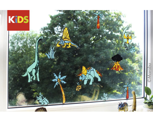 Logo Marabu Kids, décorations de fenêtre avec motifs de dinosaures, palmiers et volcan sur une vitre.