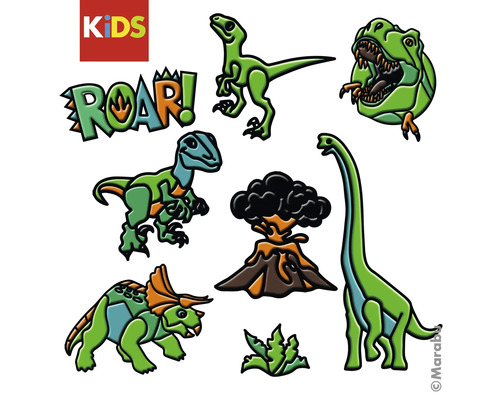 Ensemble de stickers dinosaures pour enfants avec divers dinosaures, un volcan et l inscription ROAR. Marabu Logo.