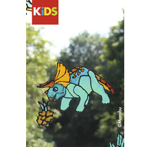 KIDS Logo. Marabu Logo. Image de fenêtre d'un dinosaure triceratops coloré sur une vitre.