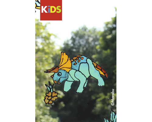 KIDS Logo. Marabu Logo. Image de fenêtre d'un dinosaure triceratops coloré sur une vitre.