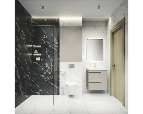 Modernes Badezimmer mit begehbarer Dusche, Marmoroptik-Fliesen, wandhängendem WC, Waschtisch mit Unterschrank und beleuchtetem Spiegel.